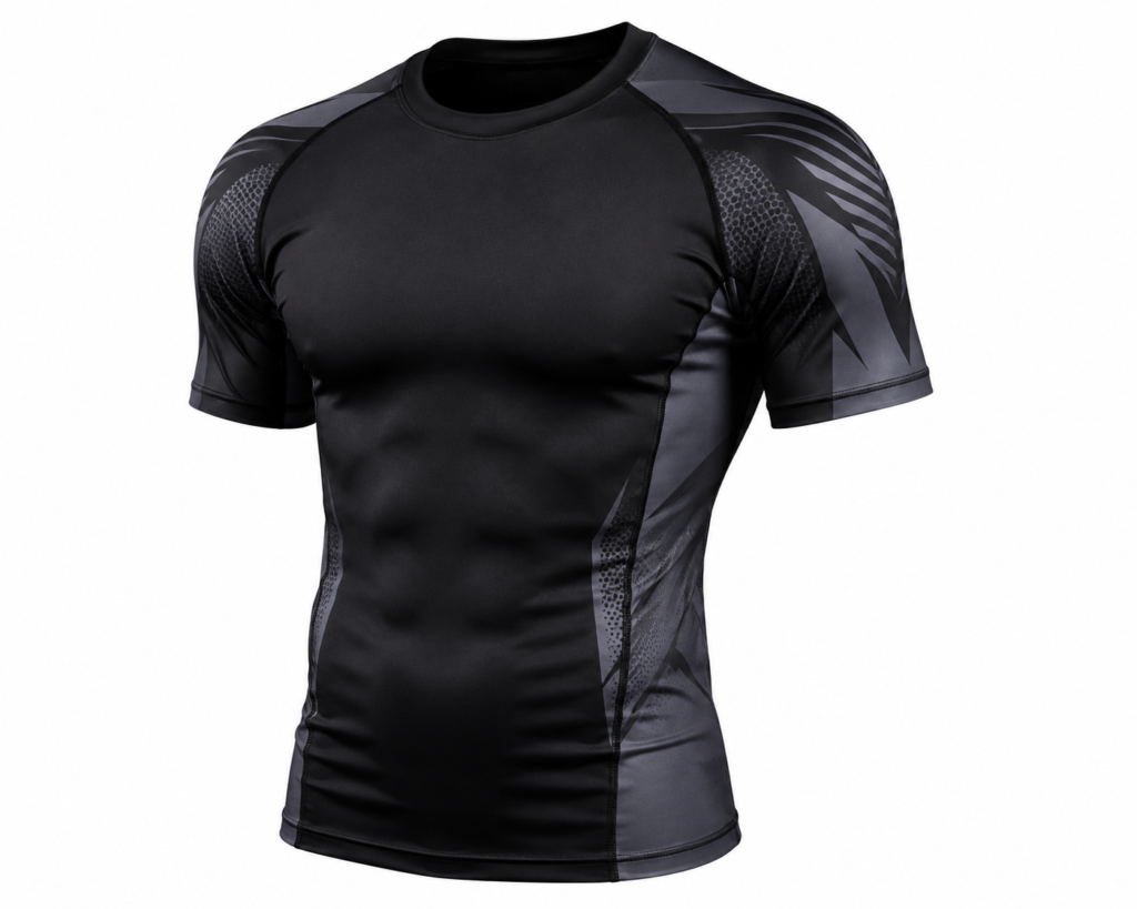 Private label MMA rash guards on a manufacturing production line